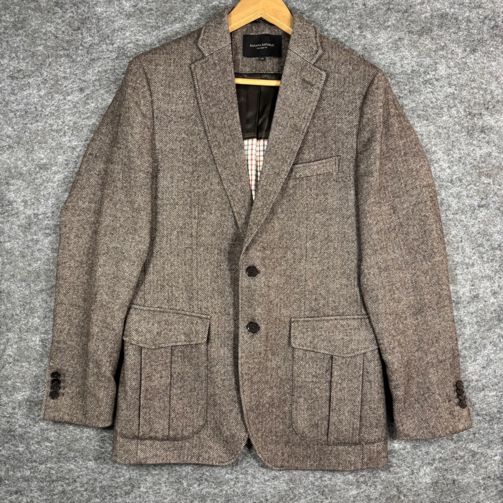 Banana Republic Tweed Blazer Jacket Mens 38R Tailored Fit Brown Herringbone Wool